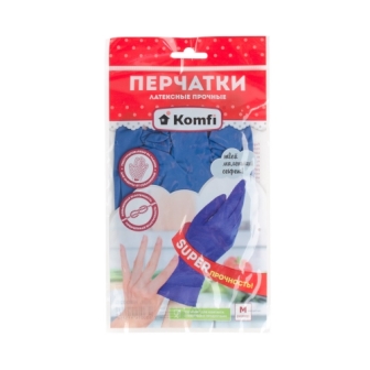 Перчатки хозяйственные латексные прочные, синие, размер M "Komfi"