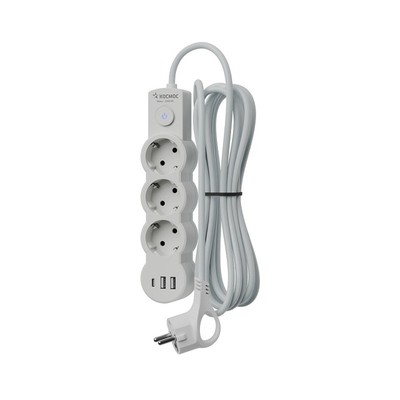 Удлинитель сетевой ПВС 3*1, 5м, 3 гн., с зазем., IP20, выкл, USB, 220В, 10А, 2800Вт, белый "КОСМОС"