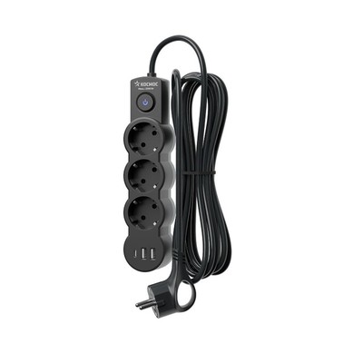 Удлинитель сетевой ПВС 3*1, 5м, 3 гн., с зазем., IP20, выкл, USB, 220В, 10А, 2800Вт, черный "КОСМОС"