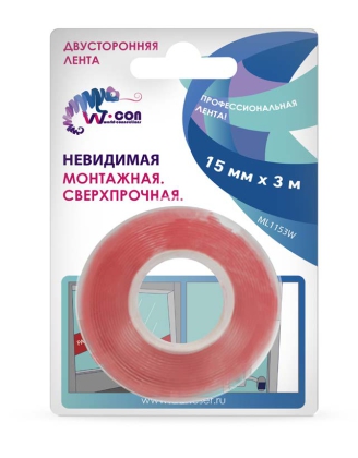 *Лента двусторонняя, сверхпрочная, невидимая 15мм*3м "W-CON"